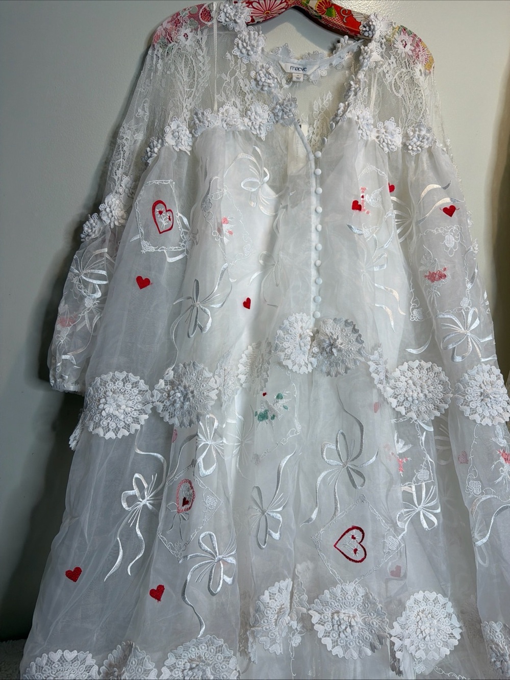 Maeve Sheer 3D Floral Long-Sleeve V-Neck Embroidered Hearts Dove Maxi Dress XL - Picture 5 of 11